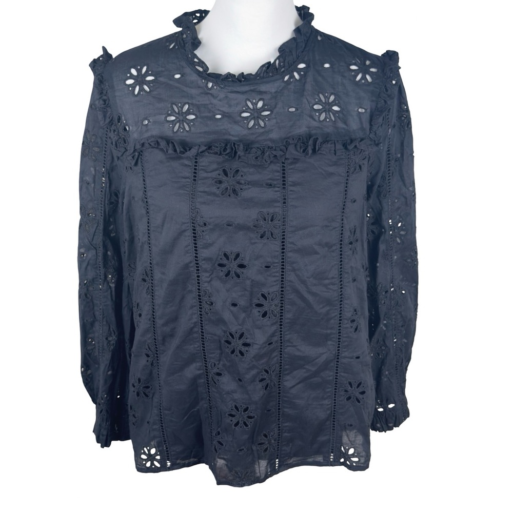 J. Crew Black Eyelet Ruffle Neck Yoke Long Sleeve Top Blouse Size Medium